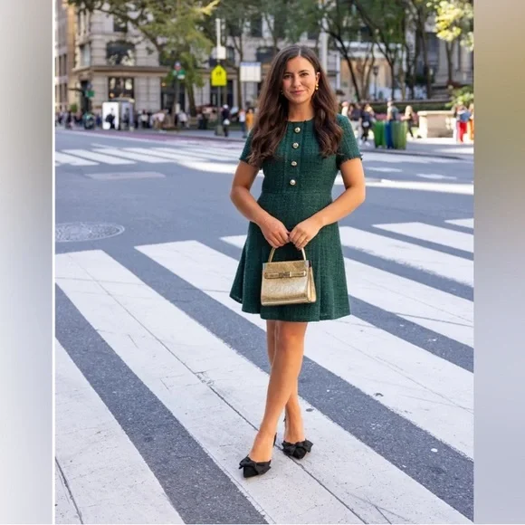 STS Sail to Sable Dylan Emerald Green Tweed Mini Dress with Gold Buttons  Luxury - threedaughtersproperties.com